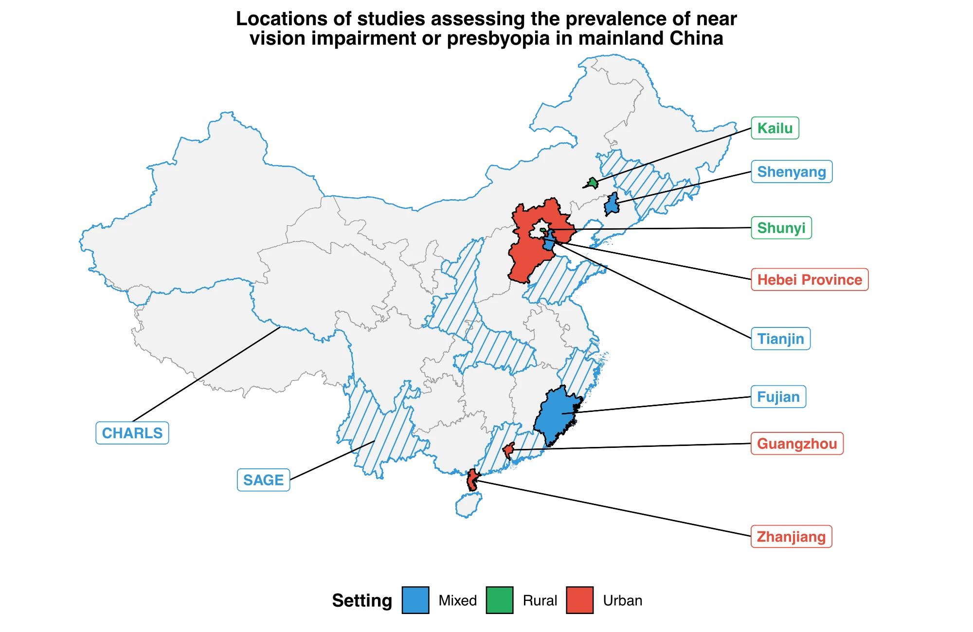 Map of mainland China showing locations of studies assessing the prevalence of near vision impairment or presbyopia, coloured by setting: mixed (blue), rural (green), or urban (red).